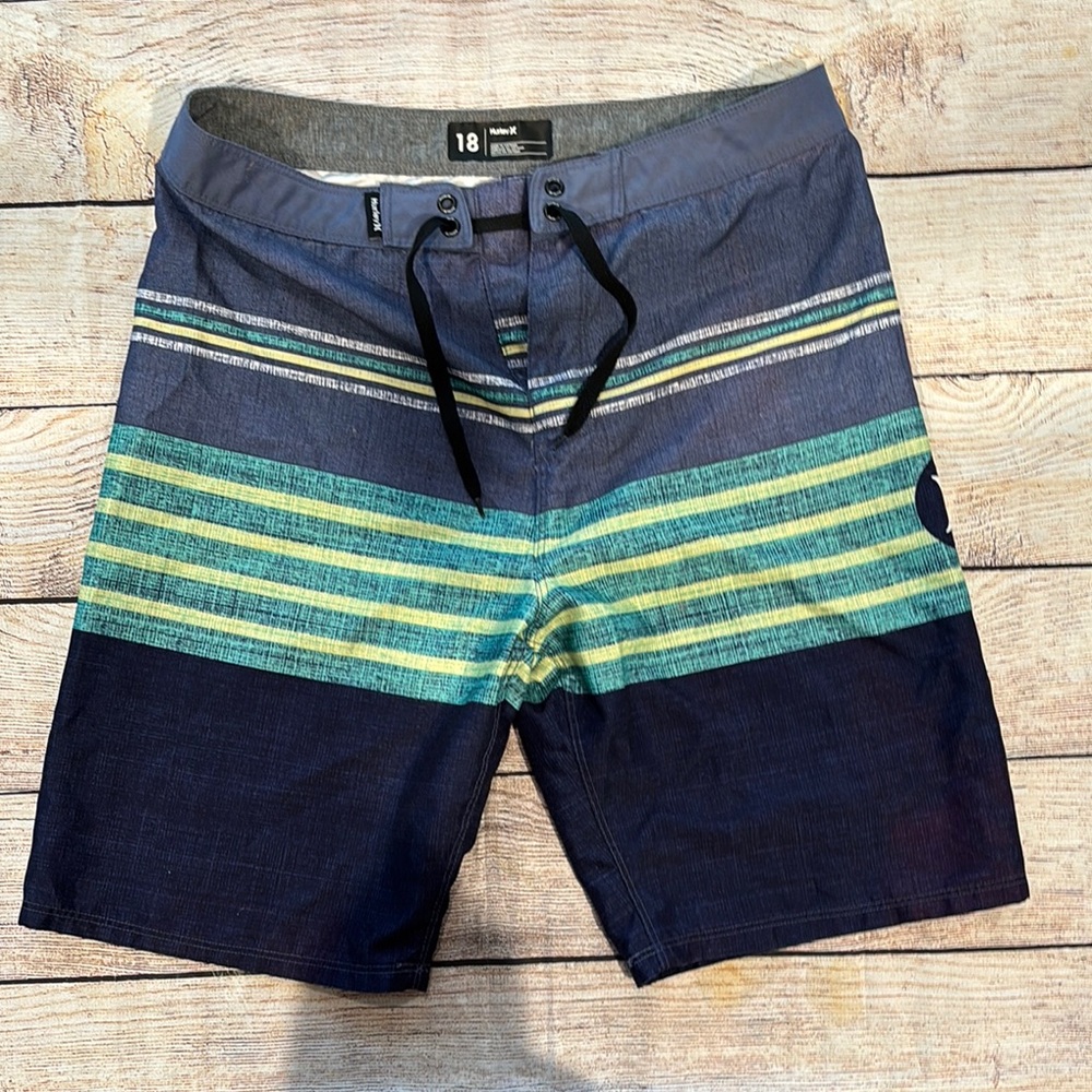 Hurley Men’s Blue and Green Striped Board Shorts
